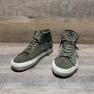 The Vans Off The Wall Sk8-Hi Native Fringe Olive Suede Sneakers women's size8.5.